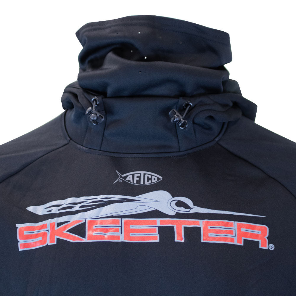 A close up of the neckline of a black reaper hoodie, showing the face shield and elastic drawstrings. 