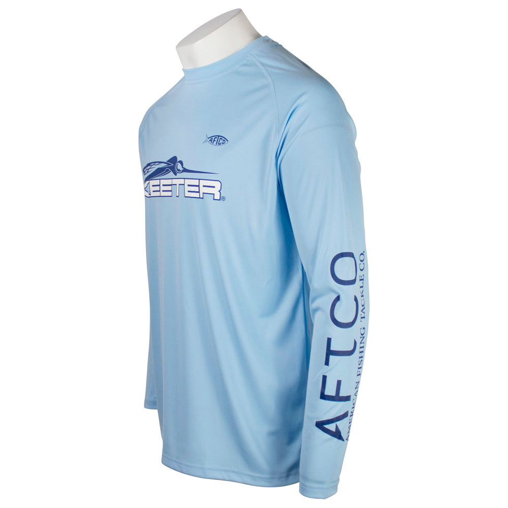 The left side of the light blue performance long sleeve, showing the left arm with the AFTCO logo down the side in blue. 