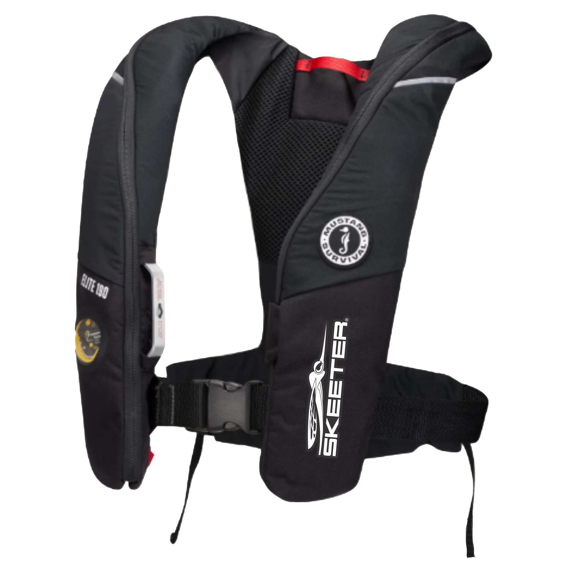 Black mustang life vest with red and grey accents, featuring the skeeter logo in white on the left side. 