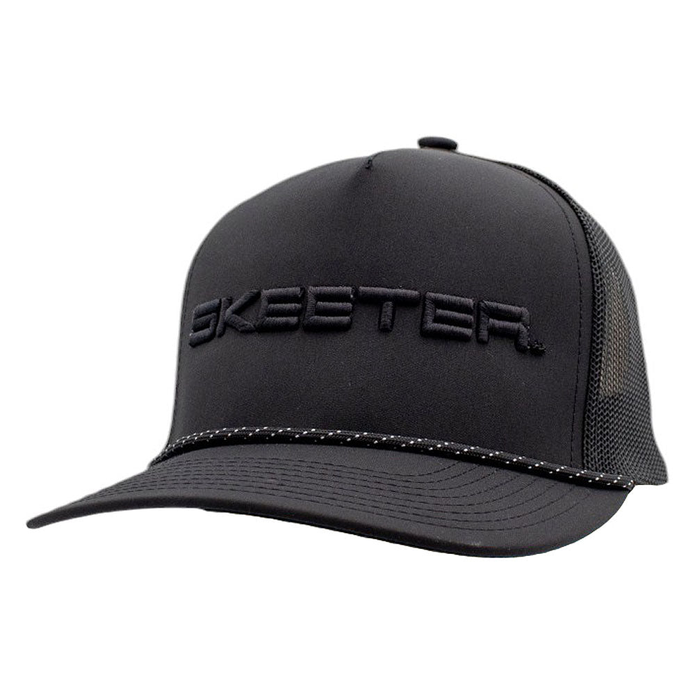 An all black trucker hat with a mesh back and stretchy rope across the bill. Across the front is the text "Skeeter" in black puffed embroidery. 