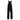 Black bib overalls with adjustable shoulder straps, a front zipper, and white printed branding on the chest and left leg, shown against a plain white background.