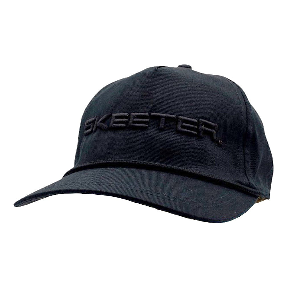 A black canvas hat with a puff embroidered skeeter logo across the front. Across the top of the bill is a black paracord rope detail. 
