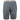 Back of gray shorts with a camouflage elastic waistband and zippered pocket on the left side.