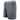 Side of gray shorts with a camouflage elastic waistband, drawstrings, and a rubber logo on the bottom of the left leg.