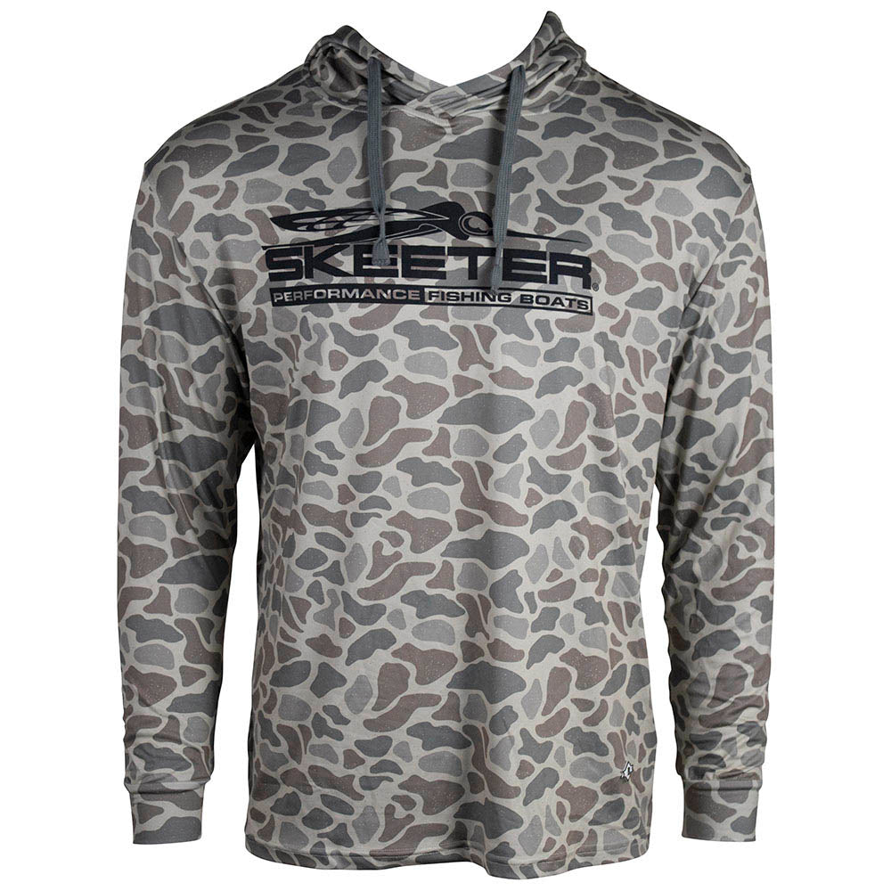 Front of a grey and brown camo performance hoodie with grey drawstrings and the Skeeter logo printed in black across the chest. 