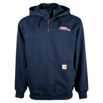 Navy blue hooded quarter zip with a red and white skeeter logo on the left chest.