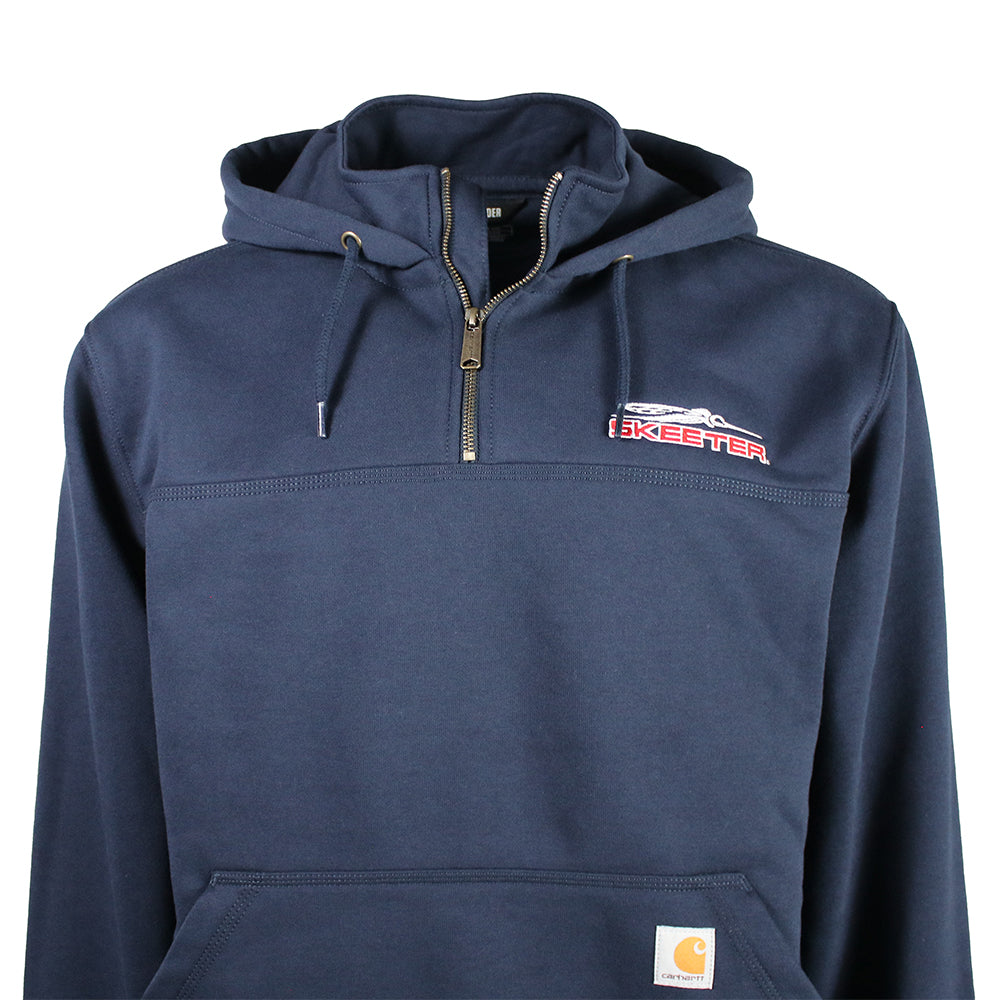 Close up of a navy blue hoodie with a quarter zip and drawstrings, featuring a red and white skeeter logo.
