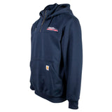 Side of a navy blue hoodie with a skeeter logo on the chest.