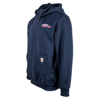 Side of a navy blue hoodie with a skeeter logo on the chest.