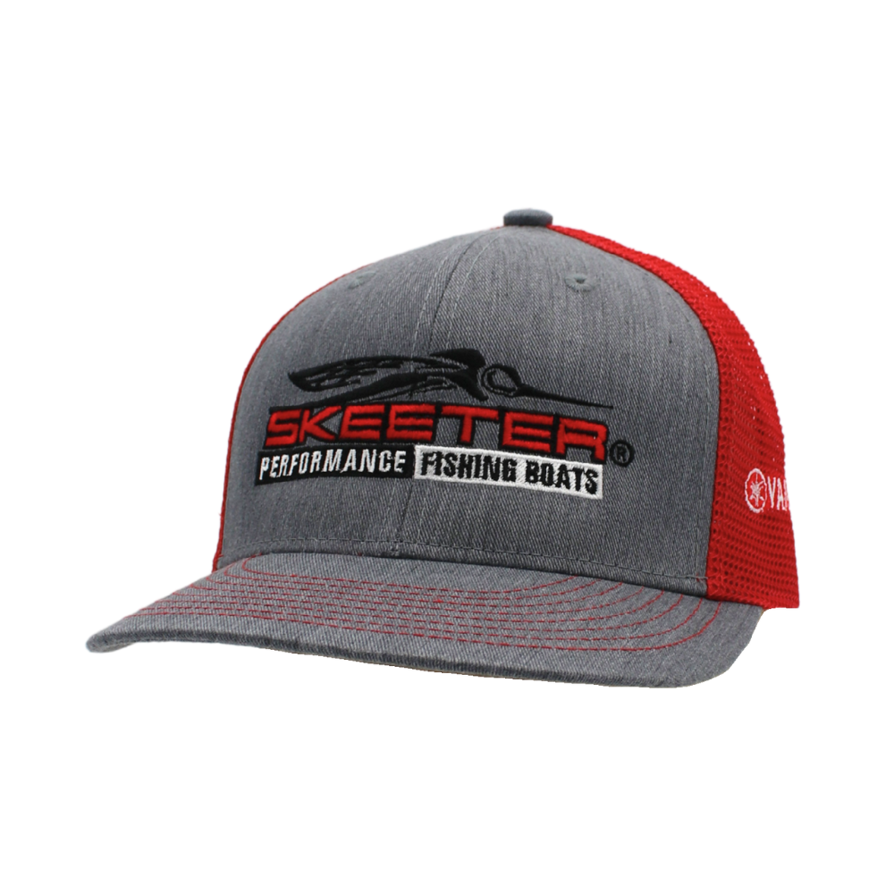 A grey hat with a red mesh back and stitching. Embroidered across the front is the Skeeter logo in black, red, and white. 