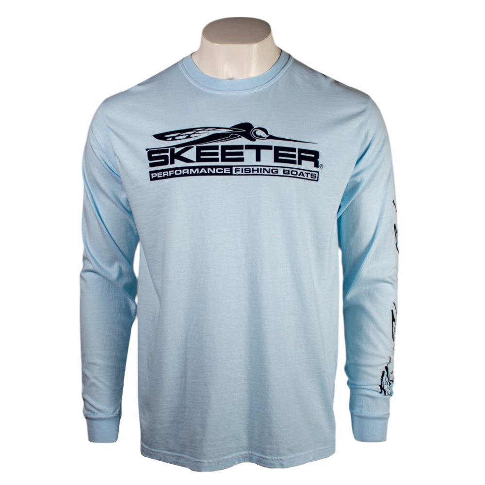 Light blue long-sleeve shirt with a black 'Skeeter Performance Fishing Boats' logo across the chest 