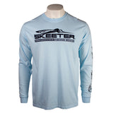Light blue long-sleeve shirt with a black 'Skeeter Performance Fishing Boats' logo across the chest 