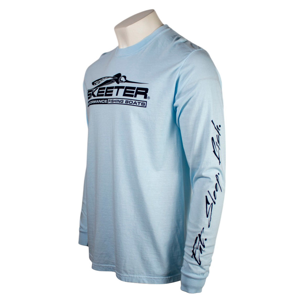 Light blue long-sleeve shirt with a black 'Skeeter Performance Fishing Boats' logo across the chest and 'eat, sleep, fish' logo down the left sleeve. 