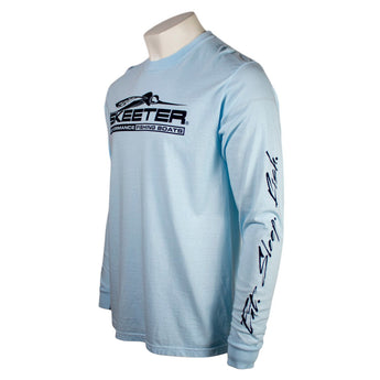 Light blue long-sleeve shirt with a black 'Skeeter Performance Fishing Boats' logo across the chest and 'eat, sleep, fish' logo down the left sleeve. 