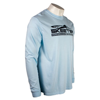 Light blue long-sleeve shirt with a black 'Skeeter Performance Fishing Boats' logo across the chest 
