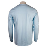 Back of a light blue long-sleeve shirt