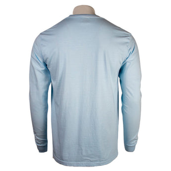 Back of a light blue long-sleeve shirt