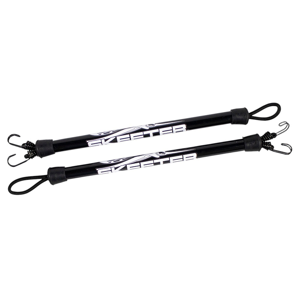 A set of two black poles with the skeeter logo printed in white along the sides. On one end of each pole is a looped rope and the other ends have hooks. 