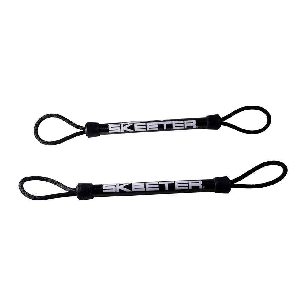 A set of black dock buddies with a white skeeter logo printed along the centers of them. 