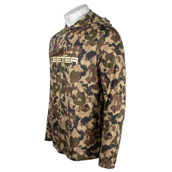 Side of a camouflage hoodie with 'skeeter' branding on the chest.