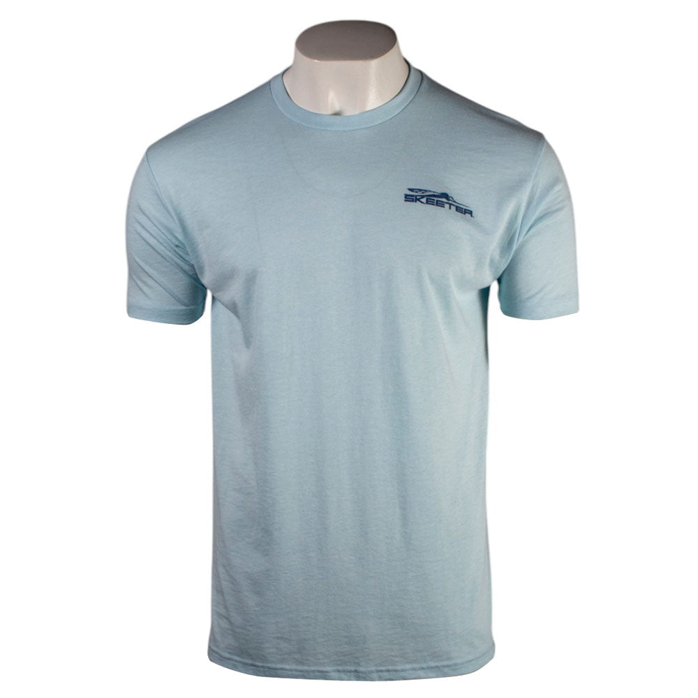 Light blue T-shirt with a dark blue skeeter logo on the left chest. 