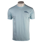 Light blue T-shirt with a dark blue skeeter logo on the left chest. 