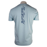 Back of a light blue T-shirt with the text 'Eat sleep fish' down the spine in dark blue.