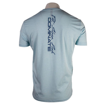 Back of a light blue T-shirt with the text 'Eat sleep fish' down the spine in dark blue.