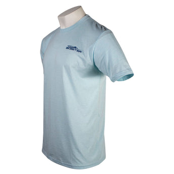 Side of a light blue T-shirt with a skeeter logo on the chest. 