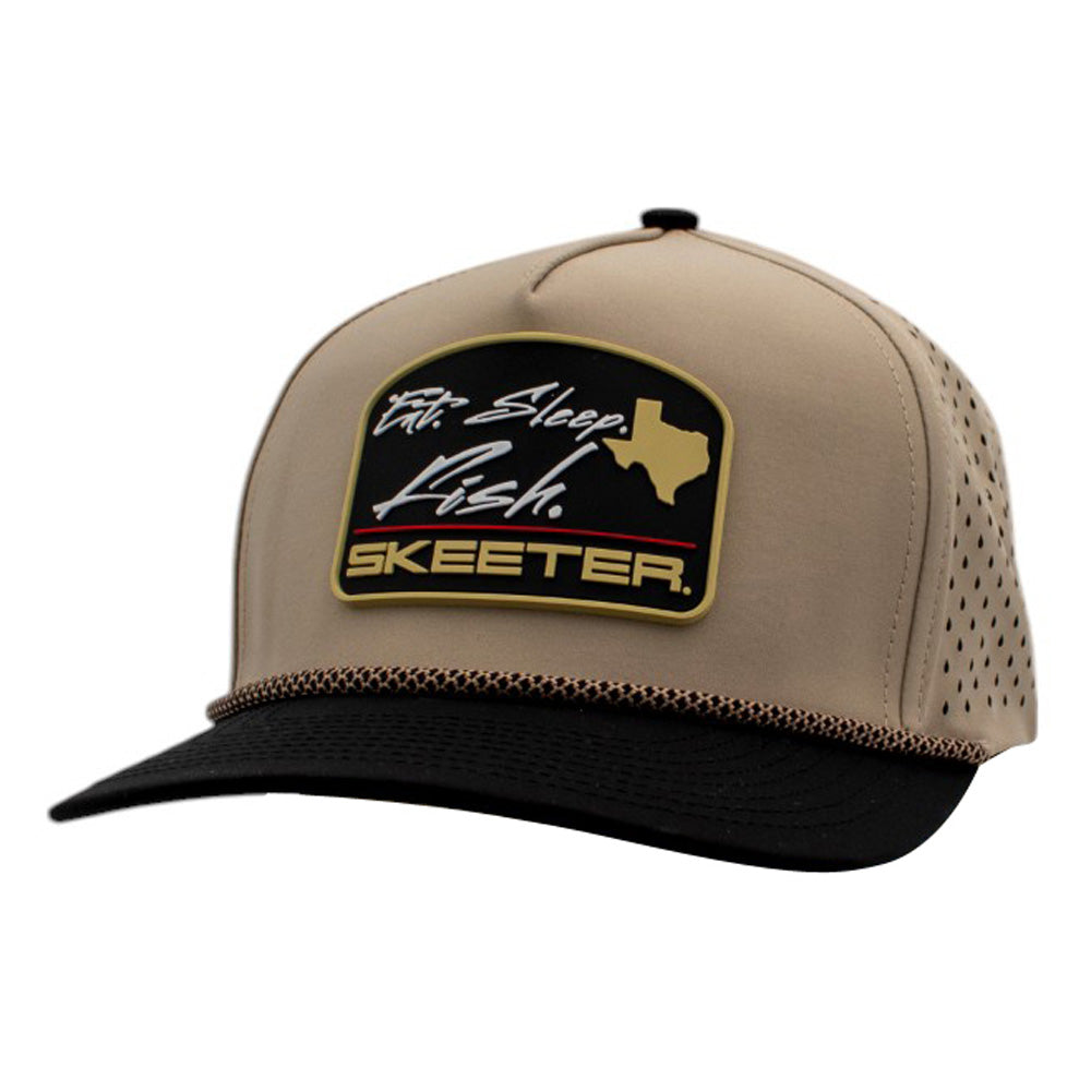 Beige and black cap with a 'Eat. Sleep. Fish.' and Skeeter logo patch on the front. 