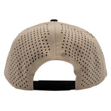 Beige cap with a black snapback closure and a perforated mesh back. 