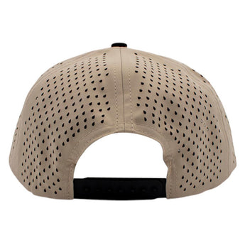 Beige cap with a black snapback closure and a perforated mesh back. 