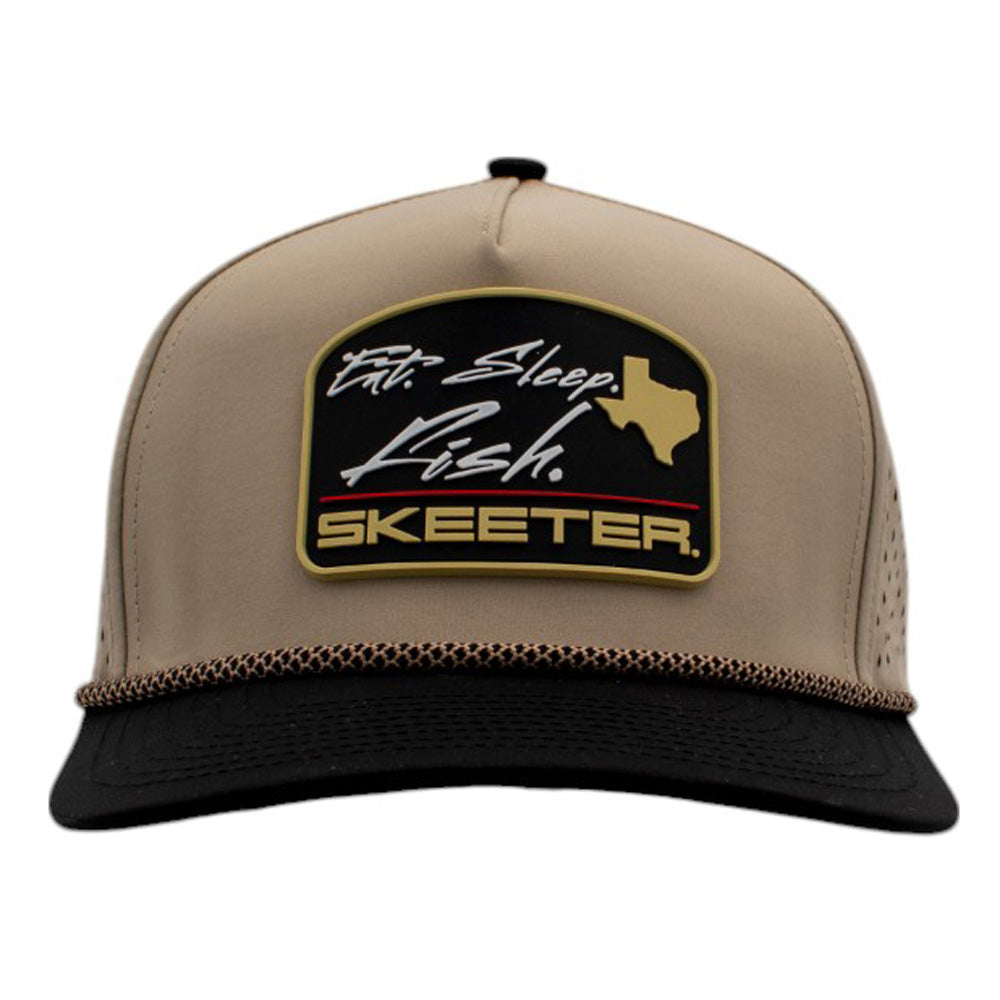 Beige and black cap with 'Eat, Sleep, Fish' and 'Skeeter' logo on a black patch across the front. 