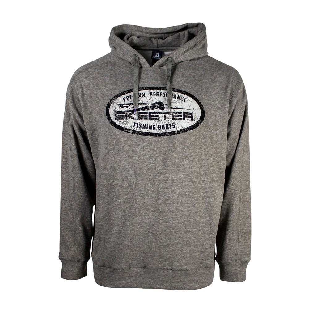 Front of a heathered grey hoodie with flat drawstrings. Printed across the chest is a black and white distressed oval containing the skeeter logo in black. 