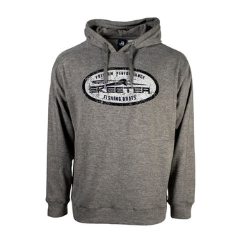 Front of a heathered grey hoodie with flat drawstrings. Printed across the chest is a black and white distressed oval containing the skeeter logo in black. 
