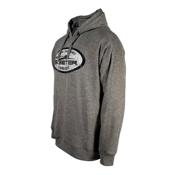 Left side of a heathered grey hoodie with flat drawstrings. Printed across the chest is a black and white distressed oval containing the skeeter logo in black. 