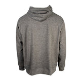 Back of a heathered grey hoodie.