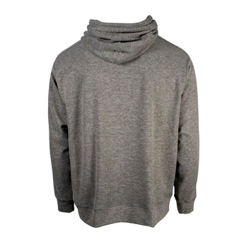 Back of a heathered grey hoodie.