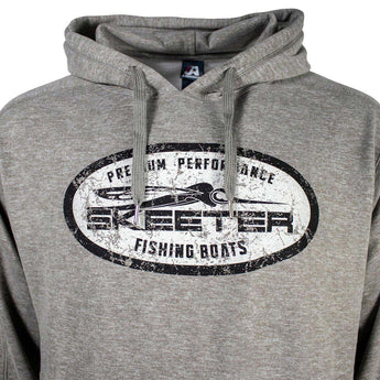 The chest of a heathered grey hoodie with flat drawstrings. Printed across the chest is a black and white distressed oval containing the skeeter logo in black. 