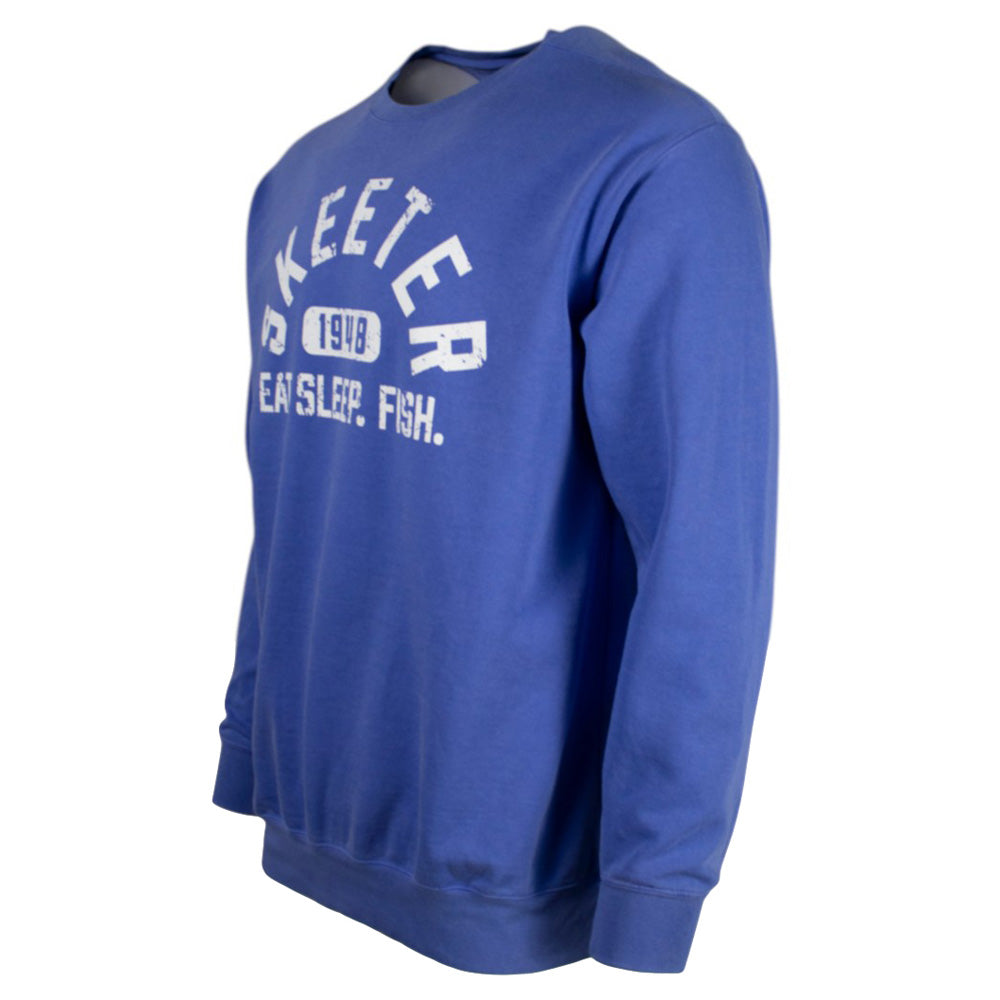 Side of a blue sweatshirt with white text on the front. 