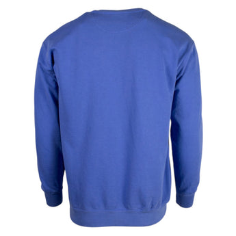 Back of a blue crewneck sweatshirt.