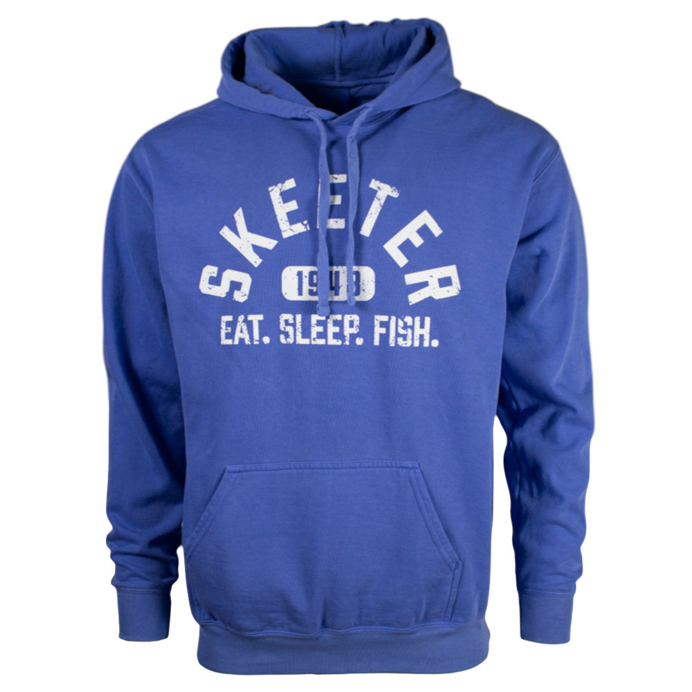 Blue hoodie with a white 'Skeeter' and 'Eat. Sleep. Fish.' text on the front chest. 
