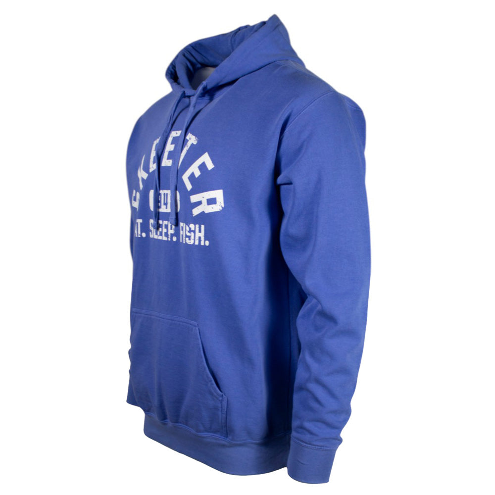 Side of a blue hoodie with white text across the front. 