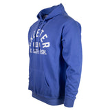 Side of a blue hoodie with white text across the front. 