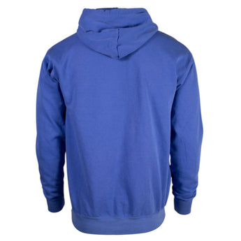 A blue hoodie shown from the back.