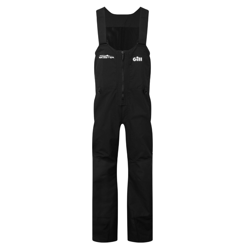 Black bib overalls with a zippered front and white Gill and Skeeter logos on the chest.