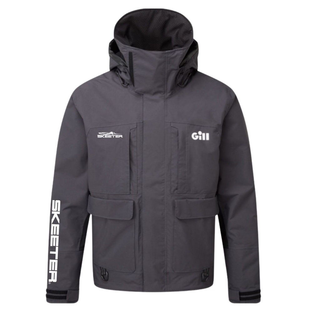 Gray hooded jacket with the gill logo on the left chest and the skeeter logo on the right chest and right sleeve. 