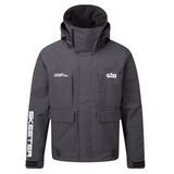 Gray hooded jacket with the gill logo on the left chest and the skeeter logo on the right chest and right sleeve. 