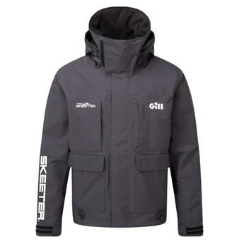 Gray hooded jacket with the gill logo on the left chest and the skeeter logo on the right chest and right sleeve. 