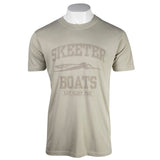 Front of a beige T-shirt with a distressed full front Skeeter Boats design in tan. 
